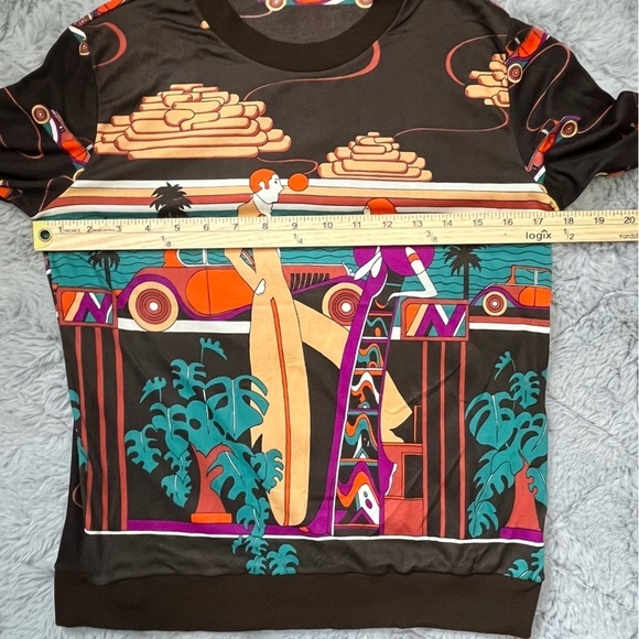 Vintage 70s Art Deco Long Sleeve Top Boardwalk Scene Print Maximalist - Picture 8 of 11